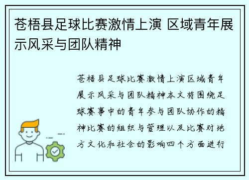 苍梧县足球比赛激情上演 区域青年展示风采与团队精神