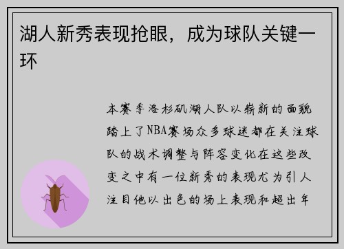 湖人新秀表现抢眼，成为球队关键一环