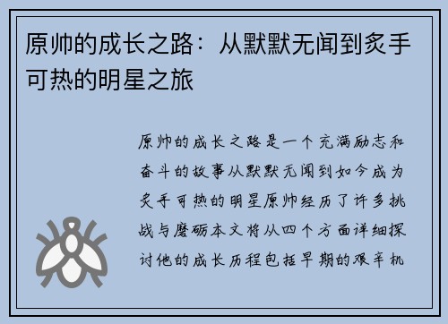 原帅的成长之路：从默默无闻到炙手可热的明星之旅