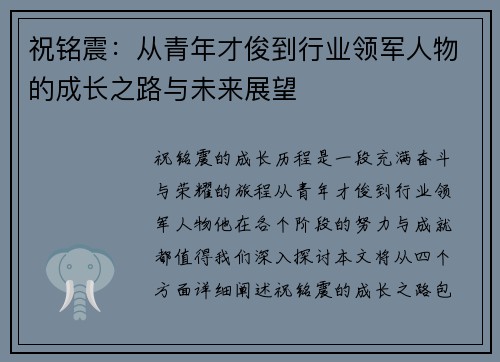 祝铭震：从青年才俊到行业领军人物的成长之路与未来展望