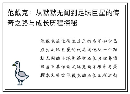范戴克：从默默无闻到足坛巨星的传奇之路与成长历程探秘
