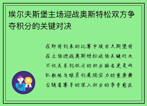 埃尔夫斯堡主场迎战奥斯特松双方争夺积分的关键对决