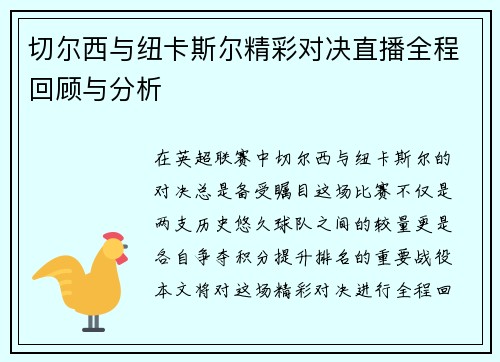切尔西与纽卡斯尔精彩对决直播全程回顾与分析