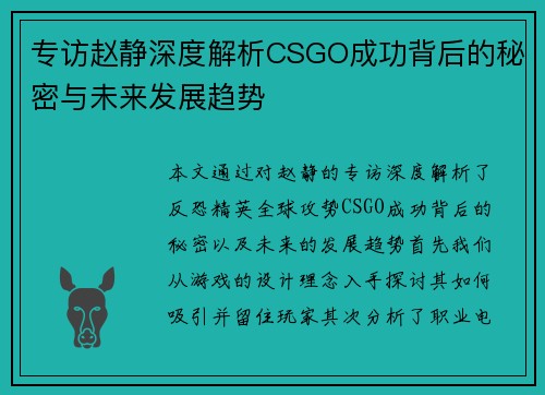 专访赵静深度解析CSGO成功背后的秘密与未来发展趋势
