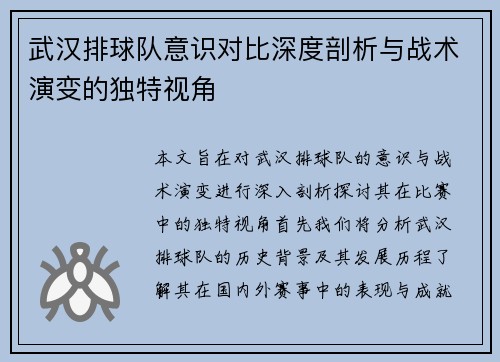武汉排球队意识对比深度剖析与战术演变的独特视角