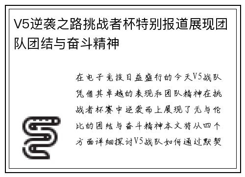 V5逆袭之路挑战者杯特别报道展现团队团结与奋斗精神