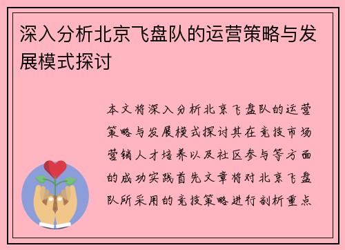 深入分析北京飞盘队的运营策略与发展模式探讨